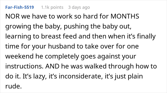 Text from an online forum post discussing husband's improper handling of breast milk.