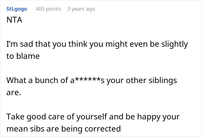 Comment supporting a sister's intervention against a 'joke' involving a teen's hearing aids and glasses.