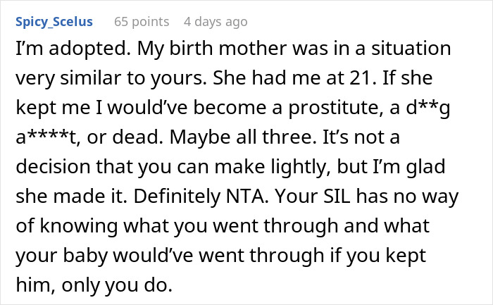 Comment discussing personal adoption experiences and its impact, addressing a sister-in-law's question.