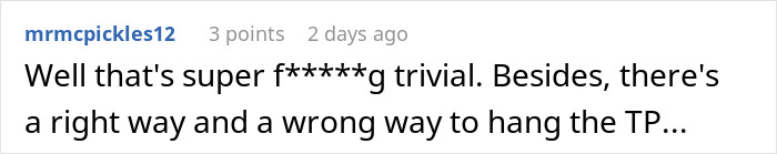 Comment about toilet paper hang debate and controlling mother-in-law tendencies. Comment about toilet paper hang debate and controlling mother-in-law tendencies.