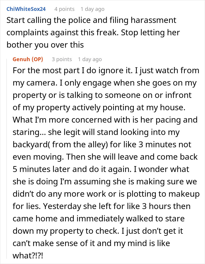 Comments discussing police involvement over a neighbor's behavior linked to OCD concerns and fence construction.