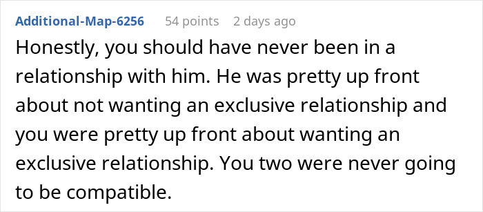 Comment discussing an open relationship and compatibility issues.