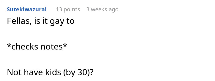 Text post questioning if not having kids by 30 is unusual.