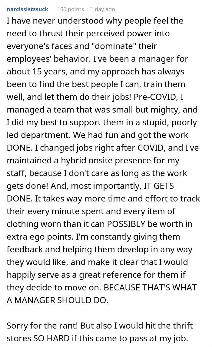 Manager criticizes enforcing business attire on casual Fridays, reflecting on leadership and staff development.