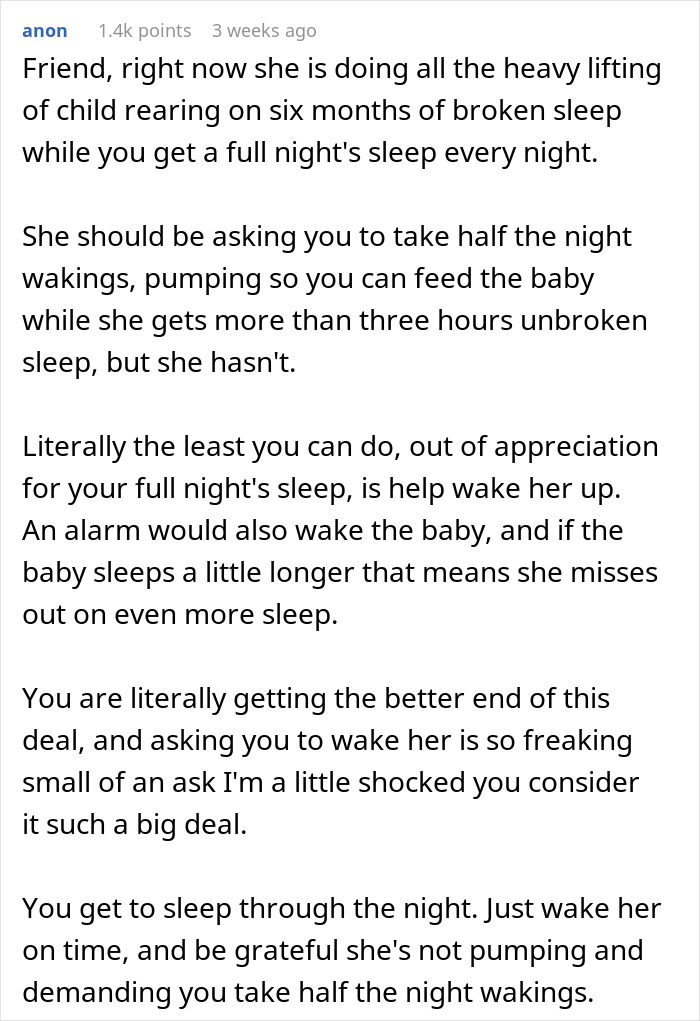Text on wife morning wake refusal, discussing the imbalance in nightly responsibilities and urging participation.