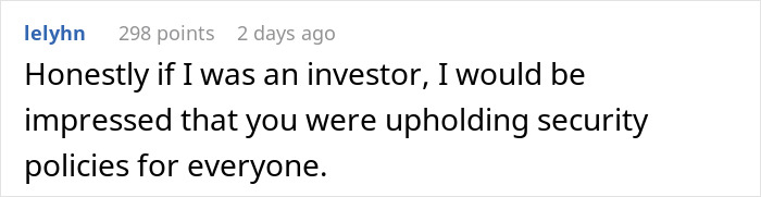 Reddit comment discussing investor impressions on upholding security policies and rules.