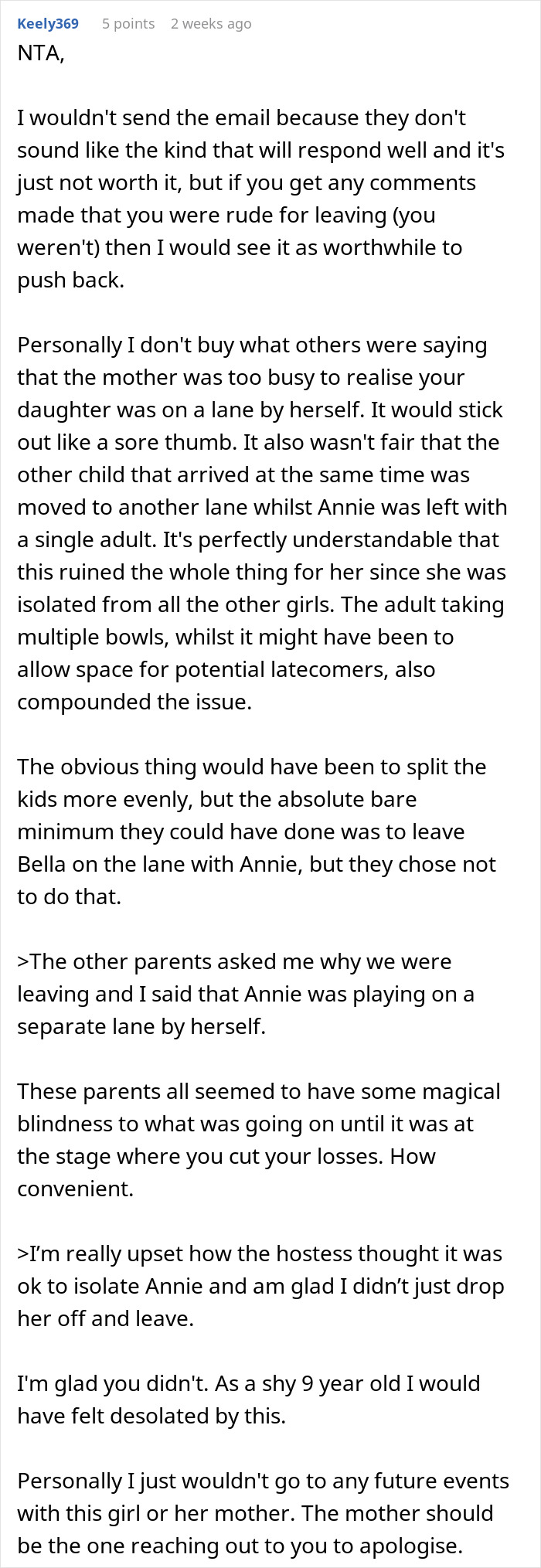 Discussion about a mom taking her daughter home from a party where she was isolated.