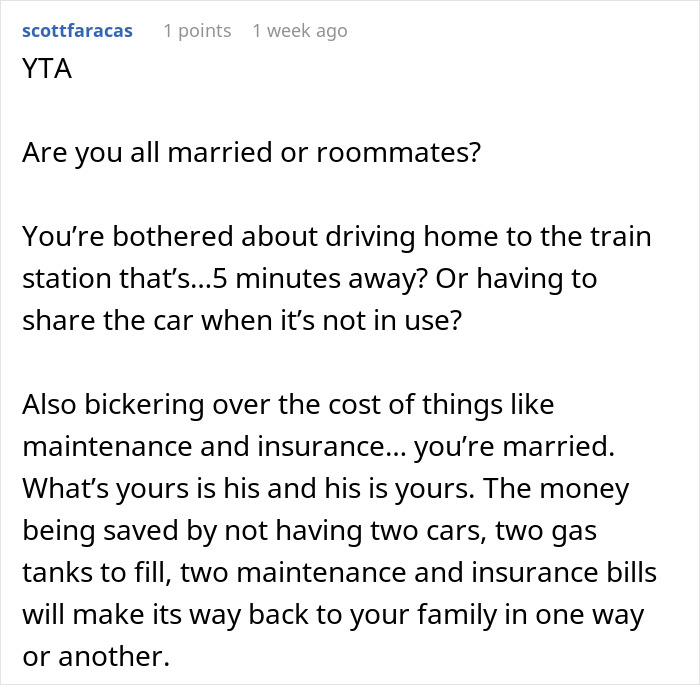 Text discussing a woman's dilemma over car bill payments with her husband, questioning shared expenses in marriage. Text discussing a woman's dilemma over car bill payments with her husband, questioning shared expenses in marriage.