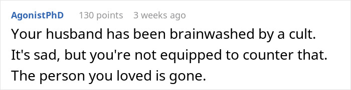 Comment discussing a man's realization about his gay marriage being sinful after joining a new church. Comment discussing a man's realization about his gay marriage being sinful after joining a new church.