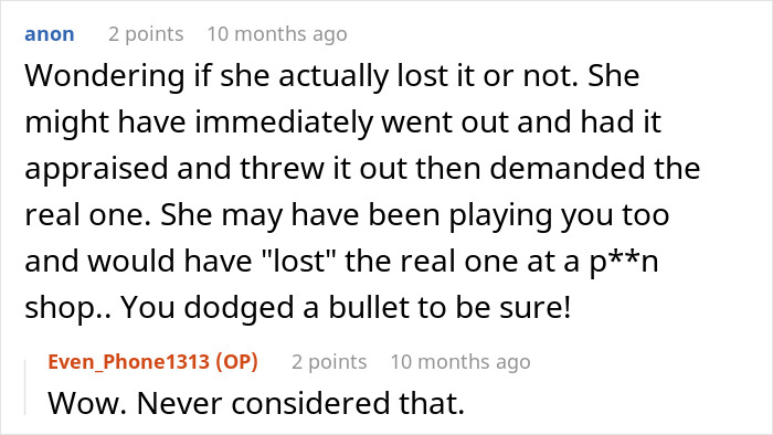 Reddit exchange about swapping a real ring for a fake one, ending in engagement breakup.