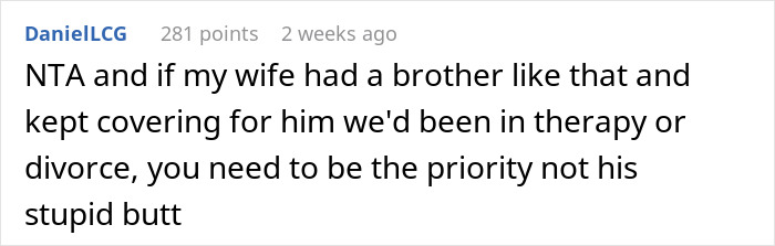 Comment discussing handling a mooching brother-in-law, suggesting therapy or divorce as options.