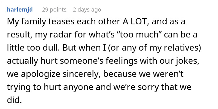 Reddit comment about family teasing and sincere apologies.