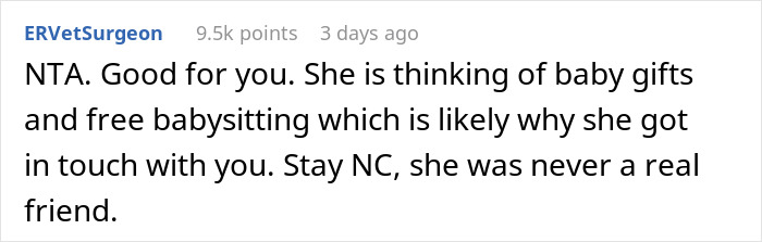Screenshot of a Reddit comment discussing a scenario of a woman ghosting a friend during tough times and returning with pregnancy news.