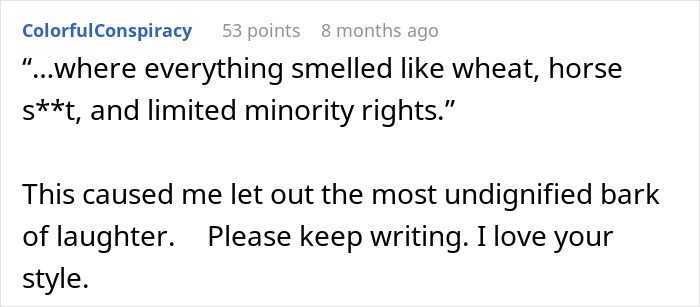 Comment on homophobic family story, expressing laughter and appreciation for the writing style.