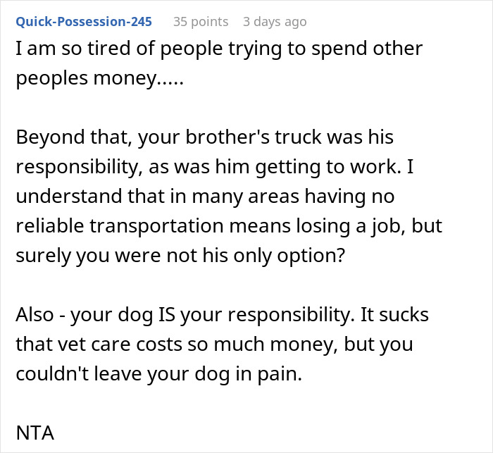Text discussing a woman's choice to prioritize her dog's expenses over lending money to her brother. Text discussing a woman's choice to prioritize her dog's expenses over lending money to her brother.