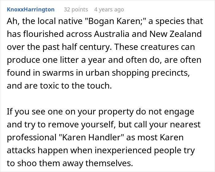 Text about a "Karen" in Australia, humorously describing how to deal with them.