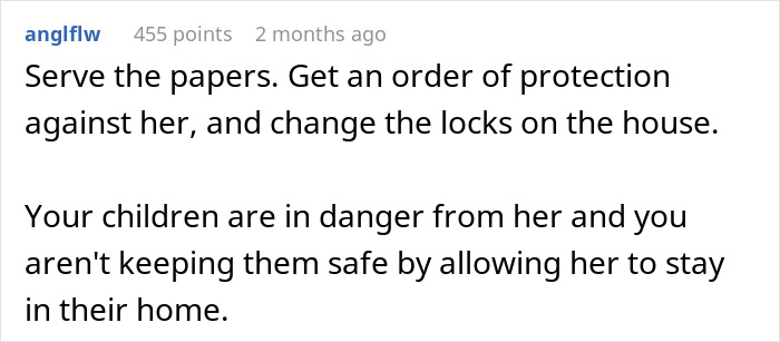 Text from a user advising about protection orders due to a wife's mental illness worsening.