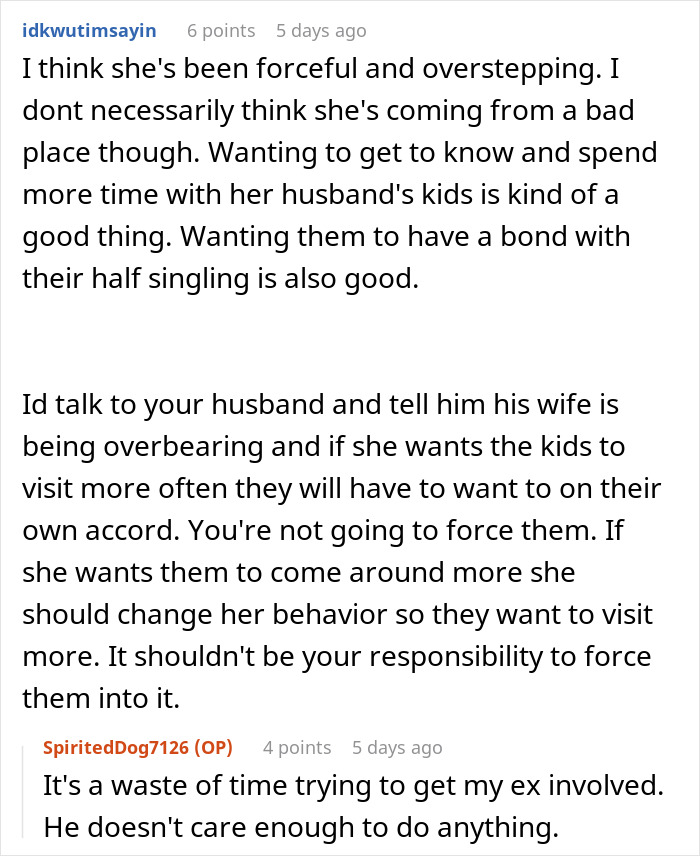 Reddit comments discussing a stepmom wanting a bigger role in her husband&rsquo;s kids' lives.