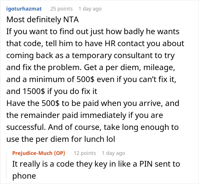 Forum discussion about laid-off employee's two-factor authentication code request.