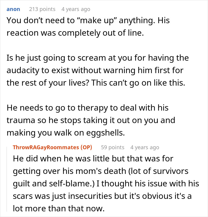 Reddit conversation discussing relationship issues after boyfriend reacts to burn scars.