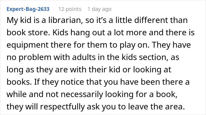 Text discussing bookstore rules for adults in children's section.