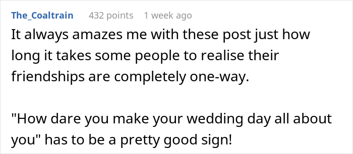 Text exchange on one-sided friendship and wedding engagement issue.