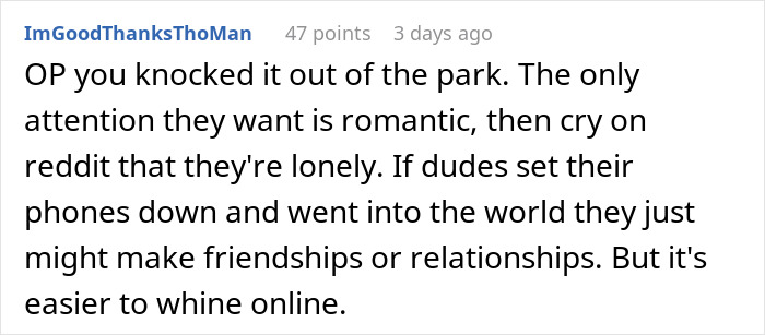 Comment discussing male loneliness, suggesting offline interaction for friendships or relationships instead of online complaining.