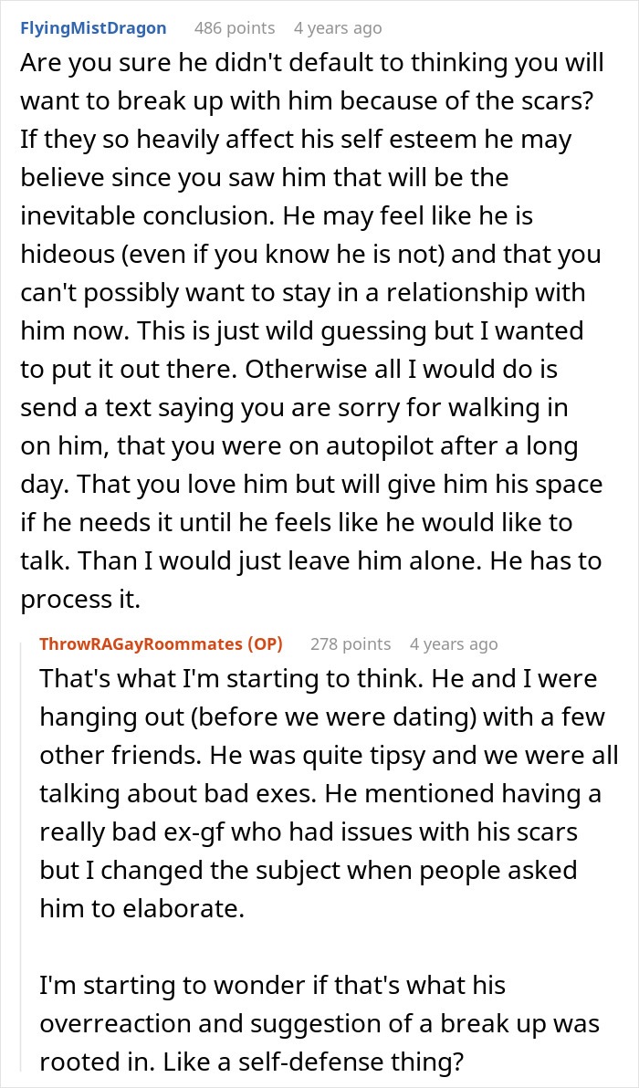 Reddit discussion about breakup assumptions and scars. Text expresses concerns over relationship fears linked to self-esteem.