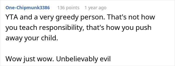 Text from an online comment criticizing a mother's decision to charge her son rent, calling it greedy and evil.