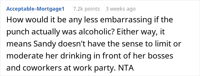 Comment discussing an incident involving punch and coworkers at a work party.