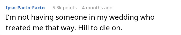 Wedding discussion comment about excluding someone from the event due to past treatment.