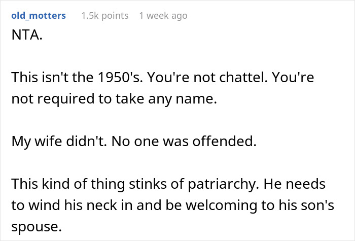 Text response to bride rejecting FIL's last name, discussing respect and patriarchy.