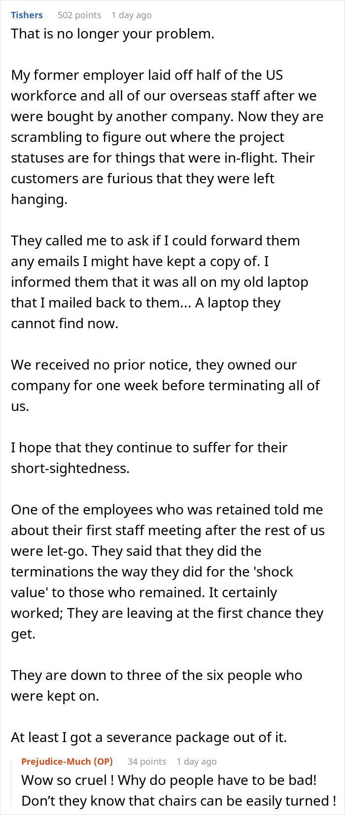 Laid-off employee discusses sudden job termination and company's request for email access months later.