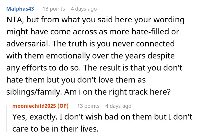 Text conversation discussing feelings about not considering stepmom and stepsisters as real family.