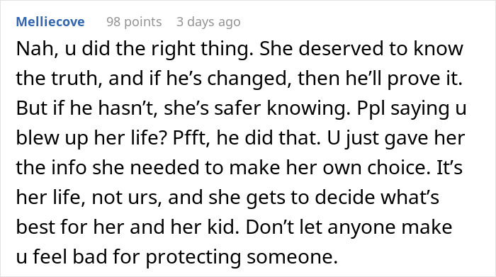 Comment supporting warning about ex's criminal record to pregnant wife.