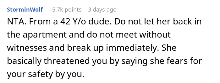 Comment from a user named StorminWolf giving relationship advice related to a safety concern.