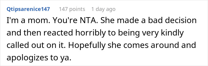 Text comment discussing a mother's reaction to a friend's criticism during a birthday, mentioning a baby crying.