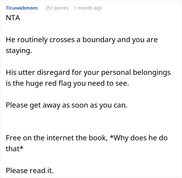 Reddit comment discussing boundaries and personal belongings.