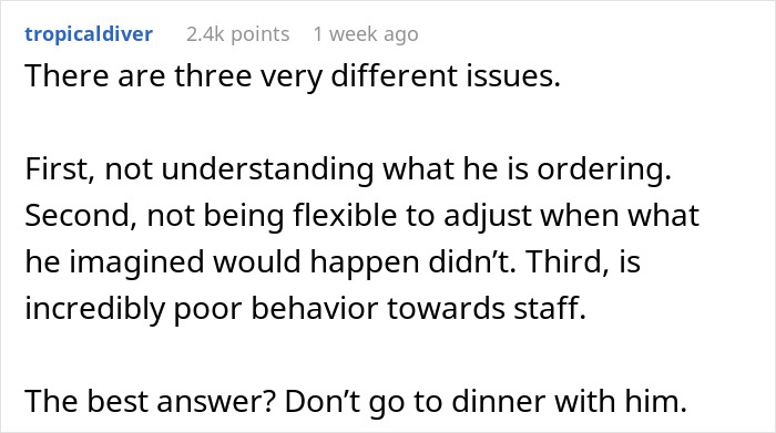Comment discussing boyfriend's poor behavior in restaurants, highlighting issues with ordering, flexibility, and treatment of staff.