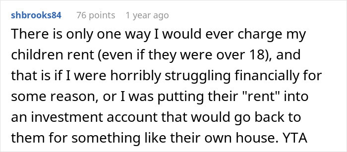 Comment discussing charging a son rent and financial struggles, emphasizing rental appropriateness.