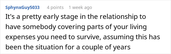 Reddit comment about early relationship dynamics and financial support. Reddit comment about early relationship dynamics and financial support.