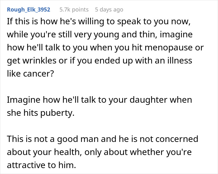 Comment discussing husband's demand for post-birth gym routine. Comment discussing husband's demand for post-birth gym routine.