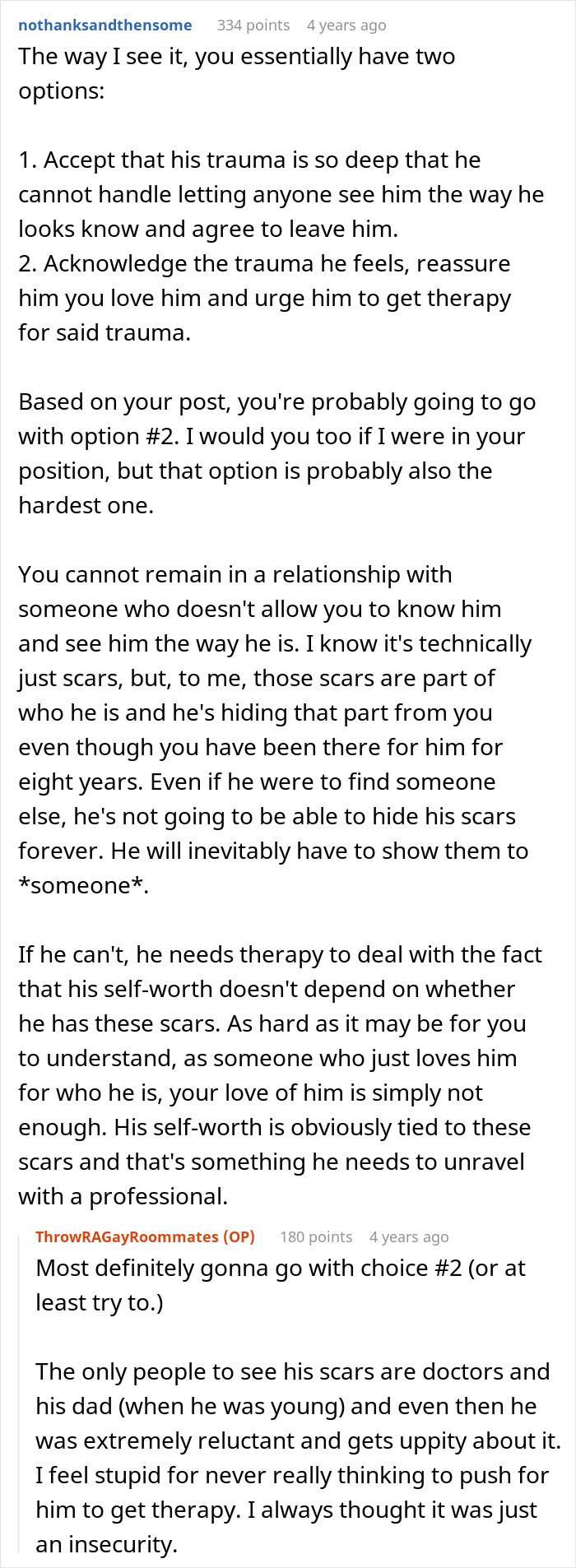 Text exchange discussing a boyfriend's reaction to seeing burn scars, mentioning therapy as a solution.