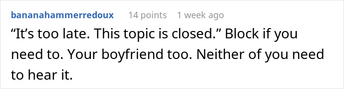 Comment about blocking advice related to wedding invitations.