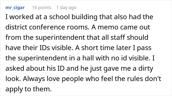Text conversation about a school memo on visible IDs, highlighting a superintendent not following rules.