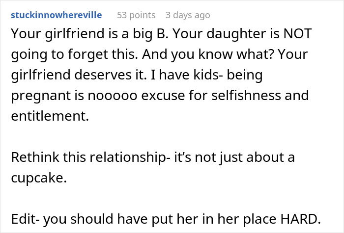 A comment reacting to a pregnant woman eating a child's cupcake, criticizing her behavior. A comment reacting to a pregnant woman eating a child's cupcake, criticizing her behavior.