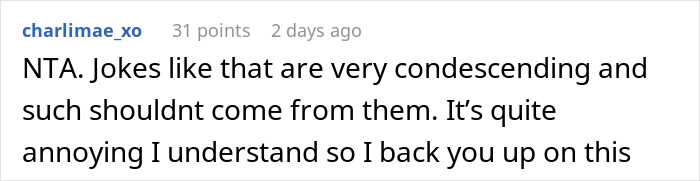 Text comment addressing racist jokes towards Thai wife, emphasizing understanding and support.