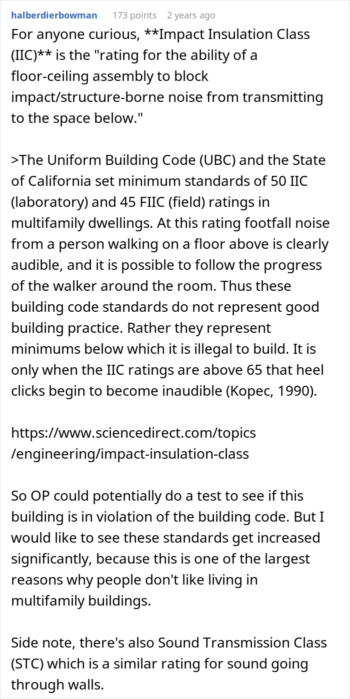 Text discusses "Impact Insulation Class," its standards, and noise levels in buildings.