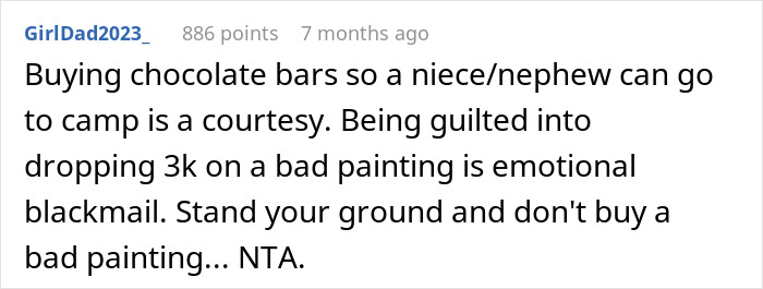 Text screenshot discussing buying chocolate bars versus a bad painting. Text screenshot discussing buying chocolate bars versus a bad painting.