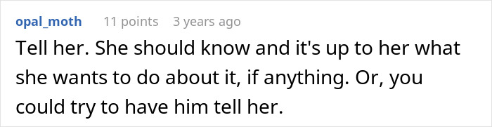 Reddit comment advising to inform an ex about a drunk man's visit before his wedding.